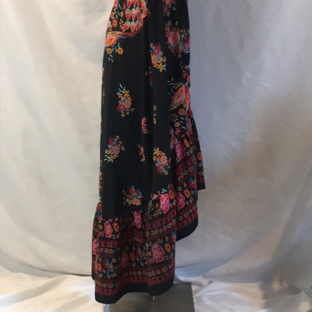 Black floral peacock colorful print short sleeves hi-low maxi dress boho gypsy M - Picture 5 of 16